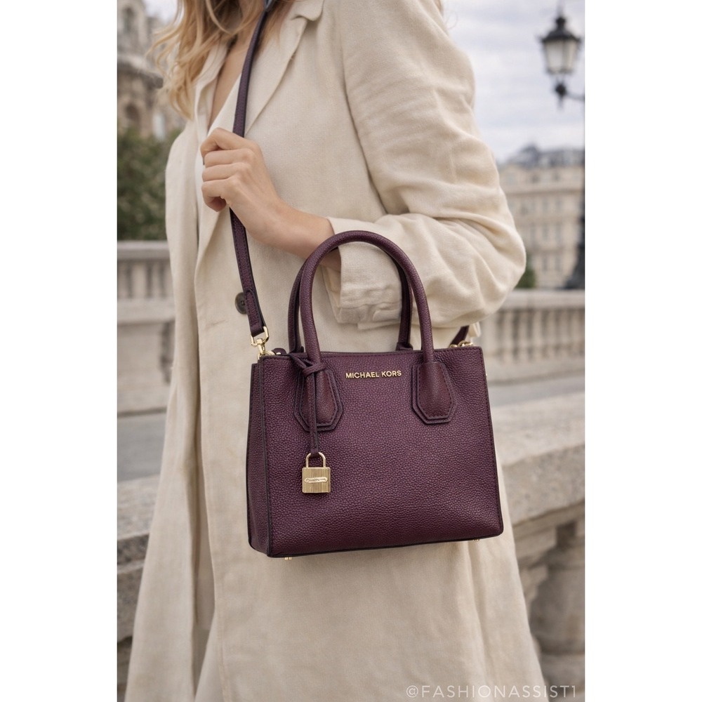 Michael Kors Mercer Medium Satchel Plum Pebbled Leather Crossbody Bag Gold Lock